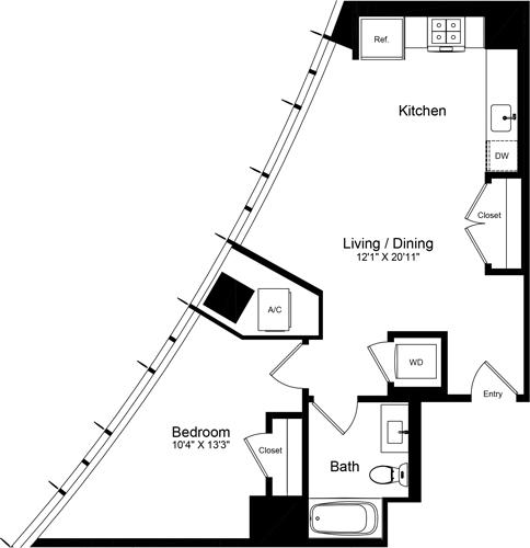 Plattegrond voor 1 Bedroom Q, met 1 slaapkamer