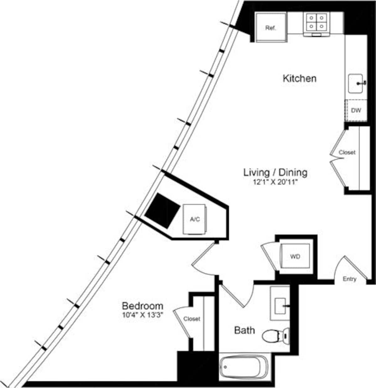 Floorplan diagram for 1 Bedroom Q, showing 1 bedroom