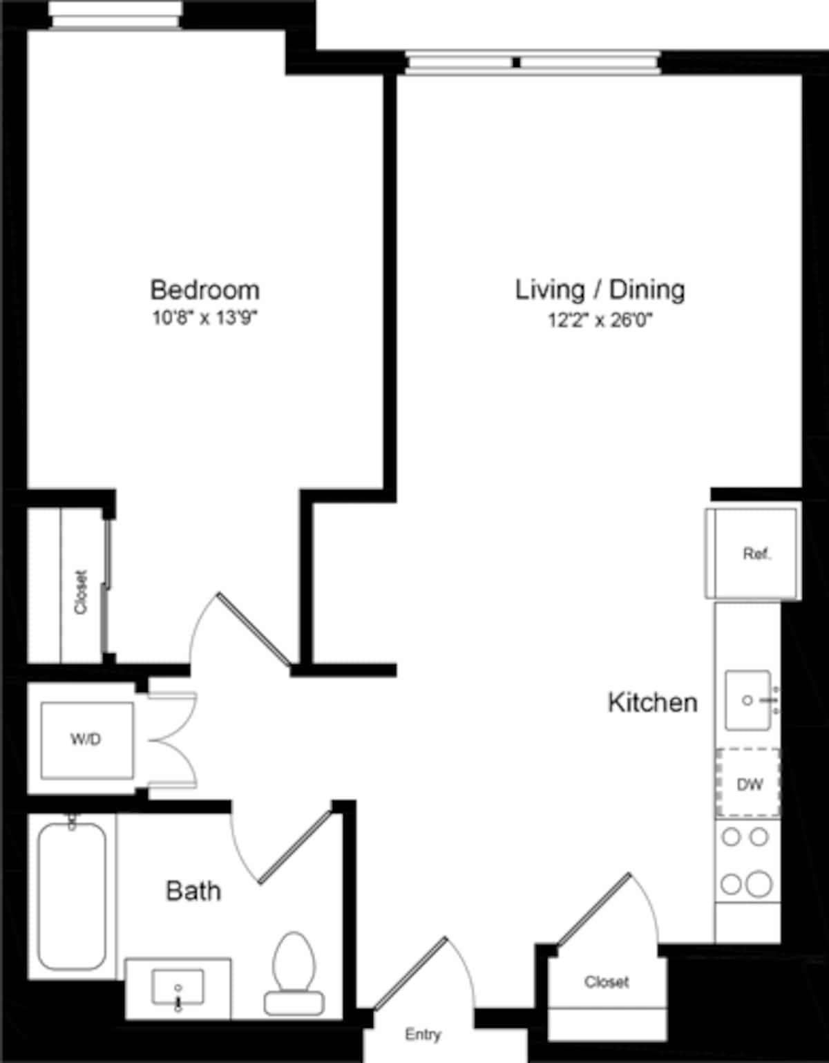 Floorplan diagram for 1 Bedroom L, showing 1 bedroom