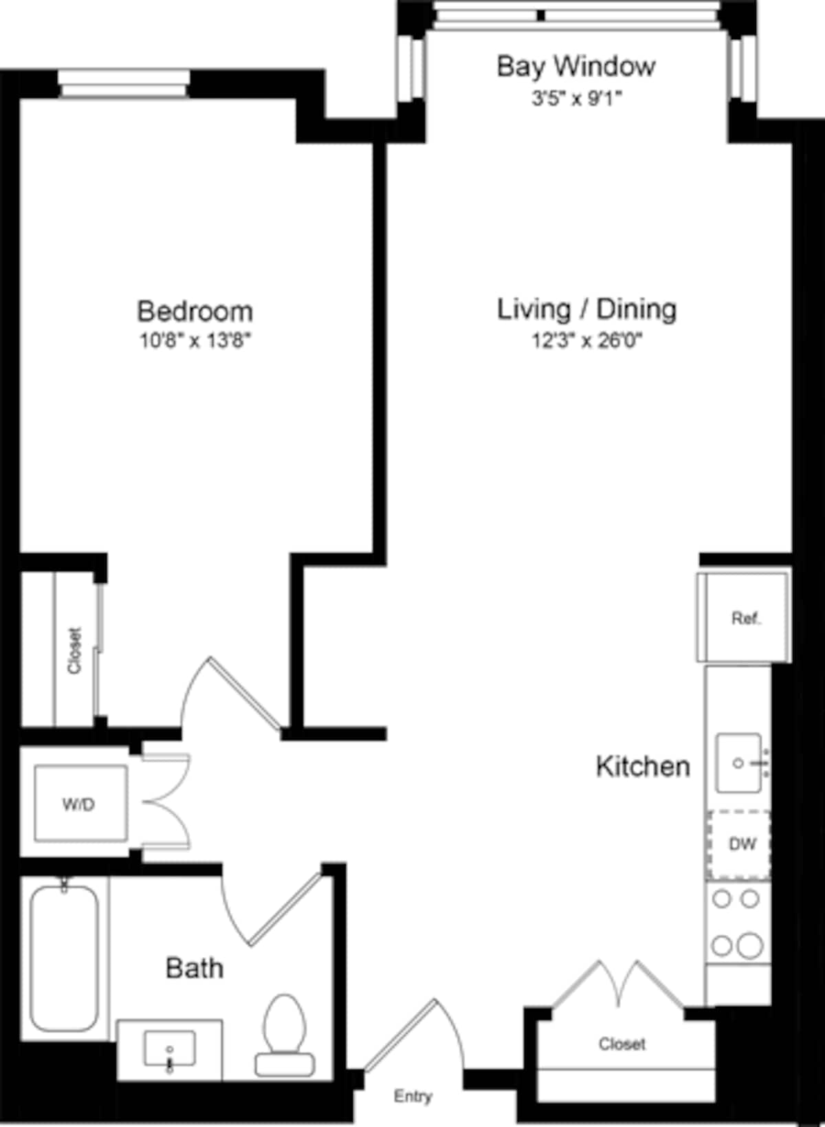 Floorplan diagram for 1 Bedroom K, showing 1 bedroom