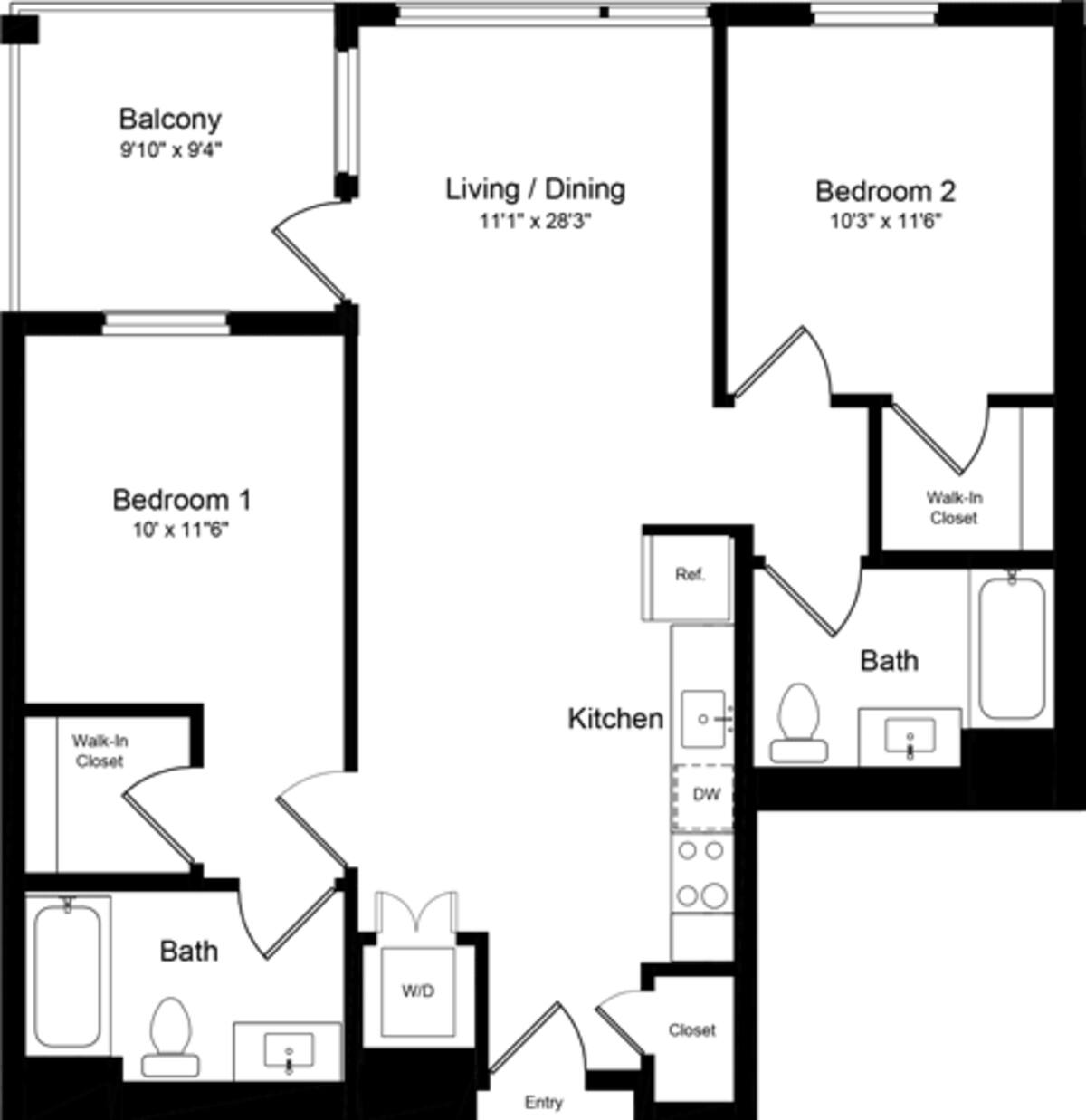 Floorplan diagram for 2 Bedroom AB, showing 2 bedroom