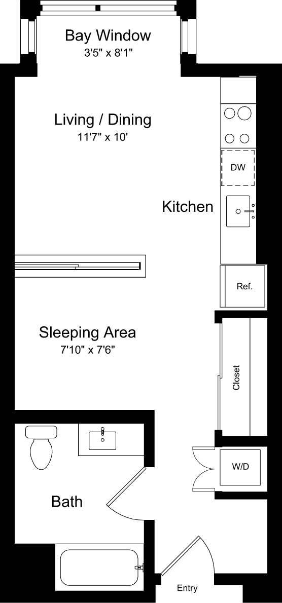 「Studio B」的平面圖，顯示套房公寓