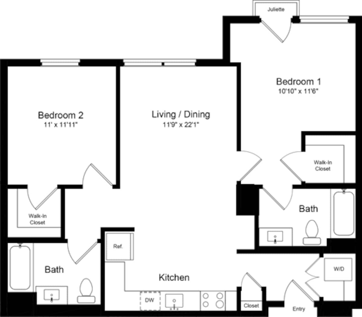 Floorplan diagram for 2 Bedroom BJ, showing 2 bedroom