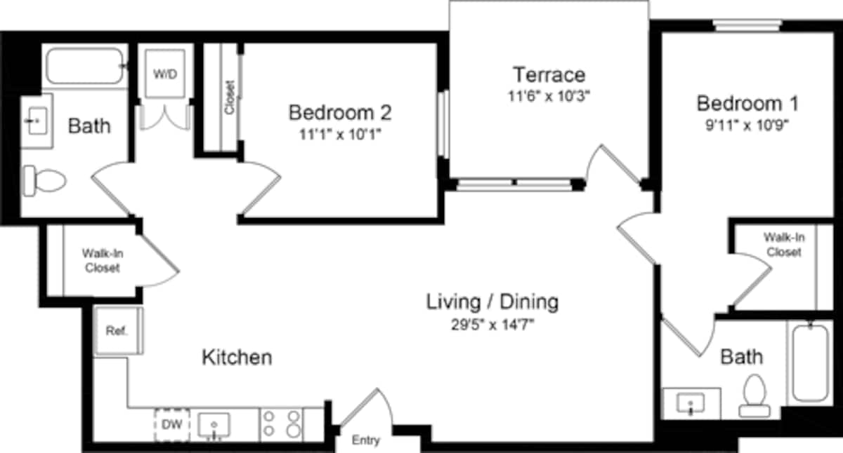 Floorplan diagram for 2 Bedroom CT, showing 2 bedroom