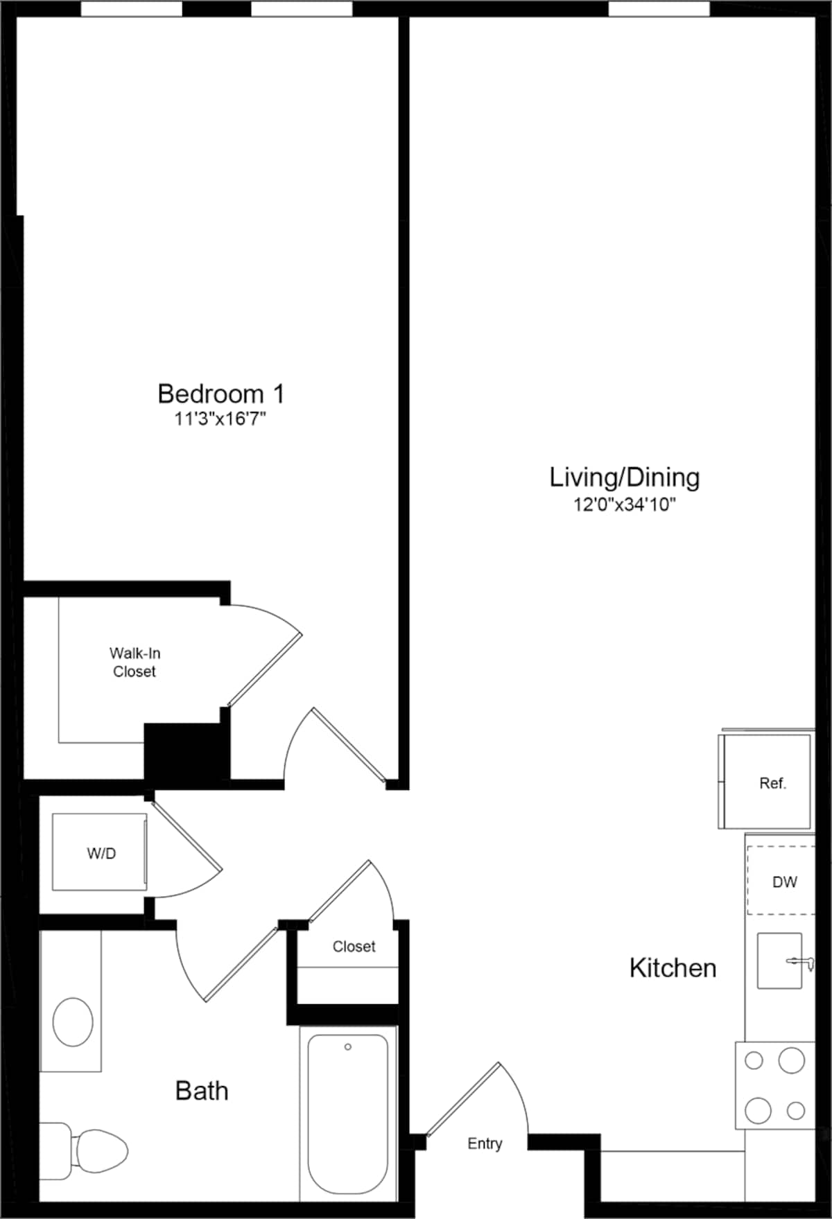 Floorplan diagram for 1A - Extended Bay, showing 1 bedroom