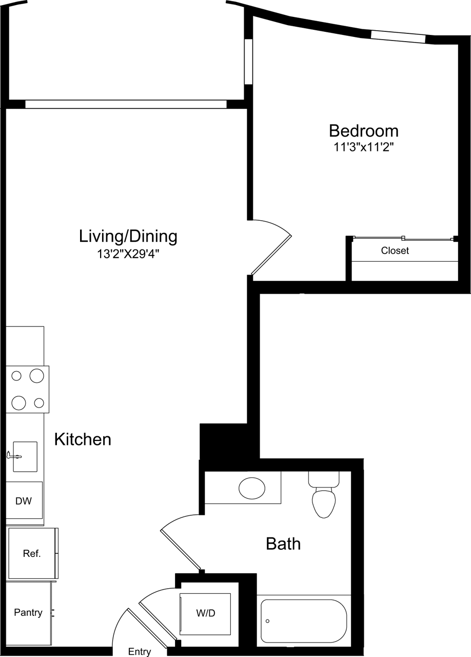 Diagrama del plano para 1B - Curved, que muestra 1 recámara