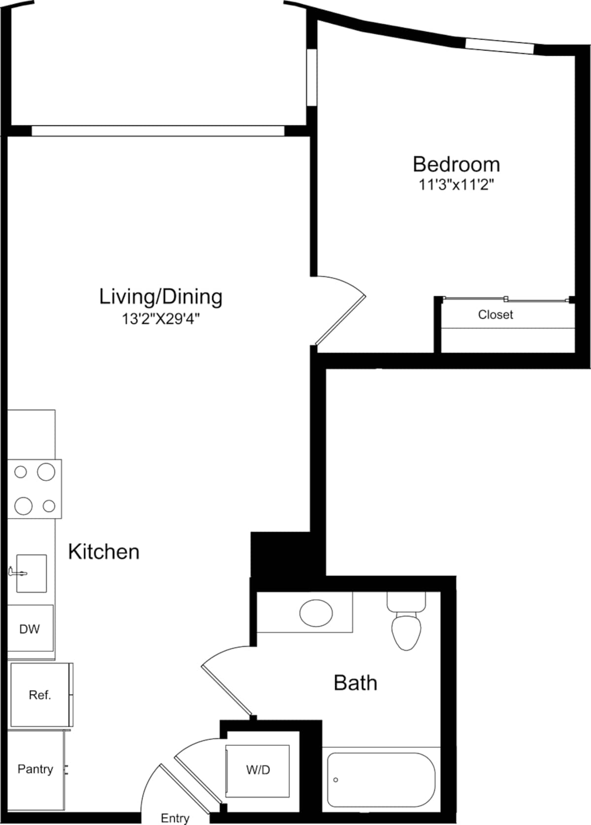 Floorplan diagram for 1B - Curved, showing 1 bedroom