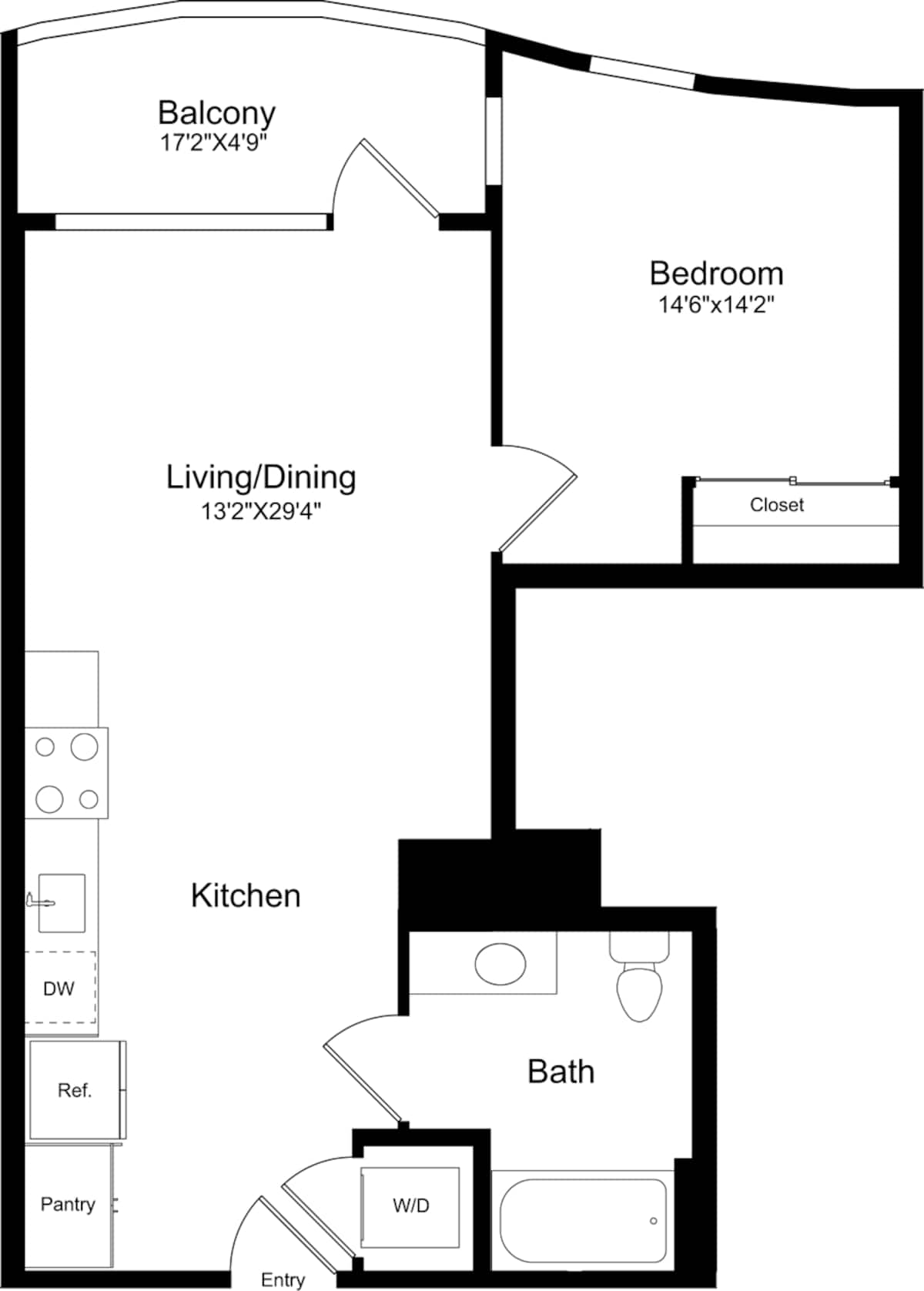 Floorplan diagram for 1B - Curved with Balcony, showing 1 bedroom
