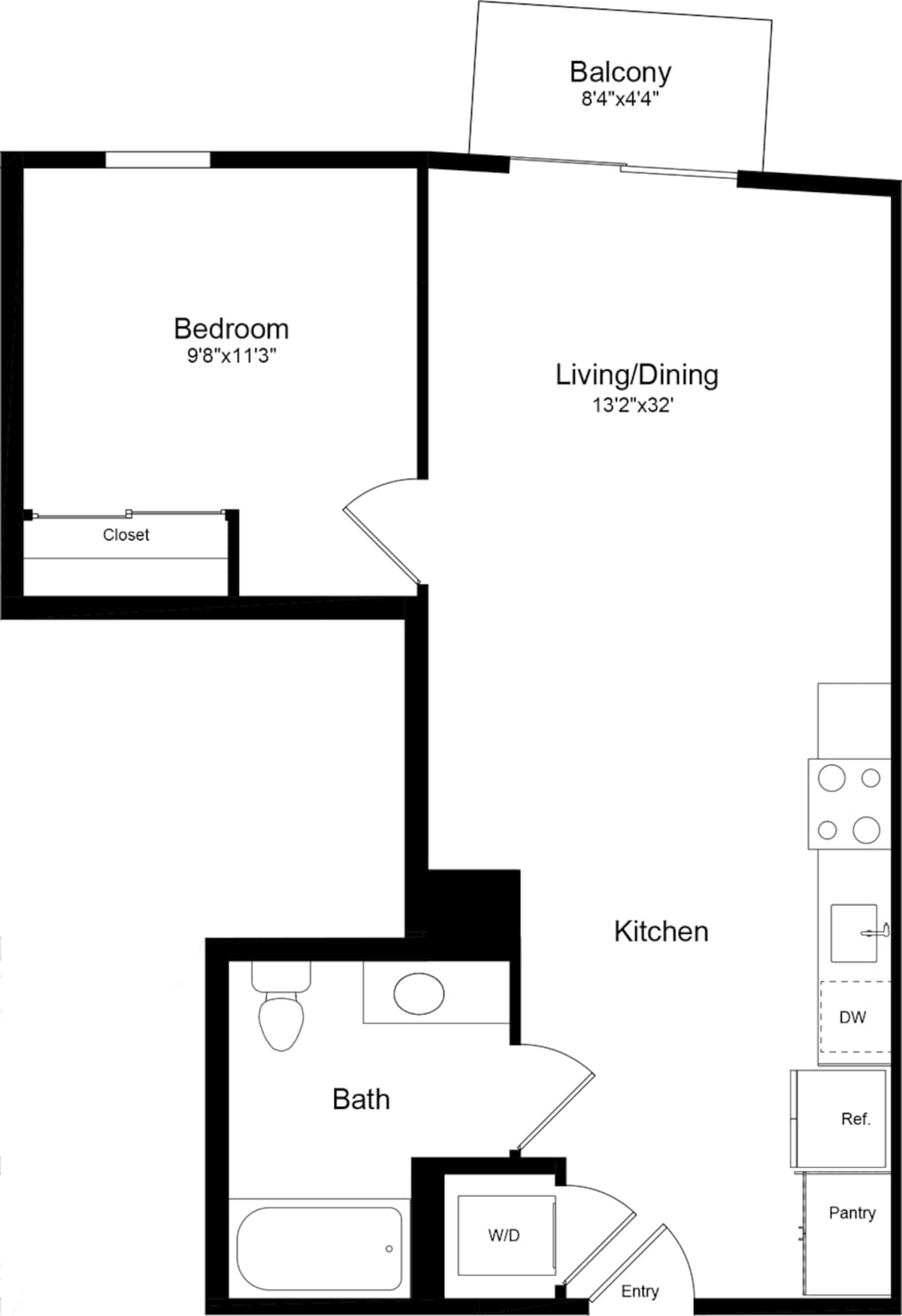 Floorplan diagram for 1B with Balcony, showing 1 bedroom