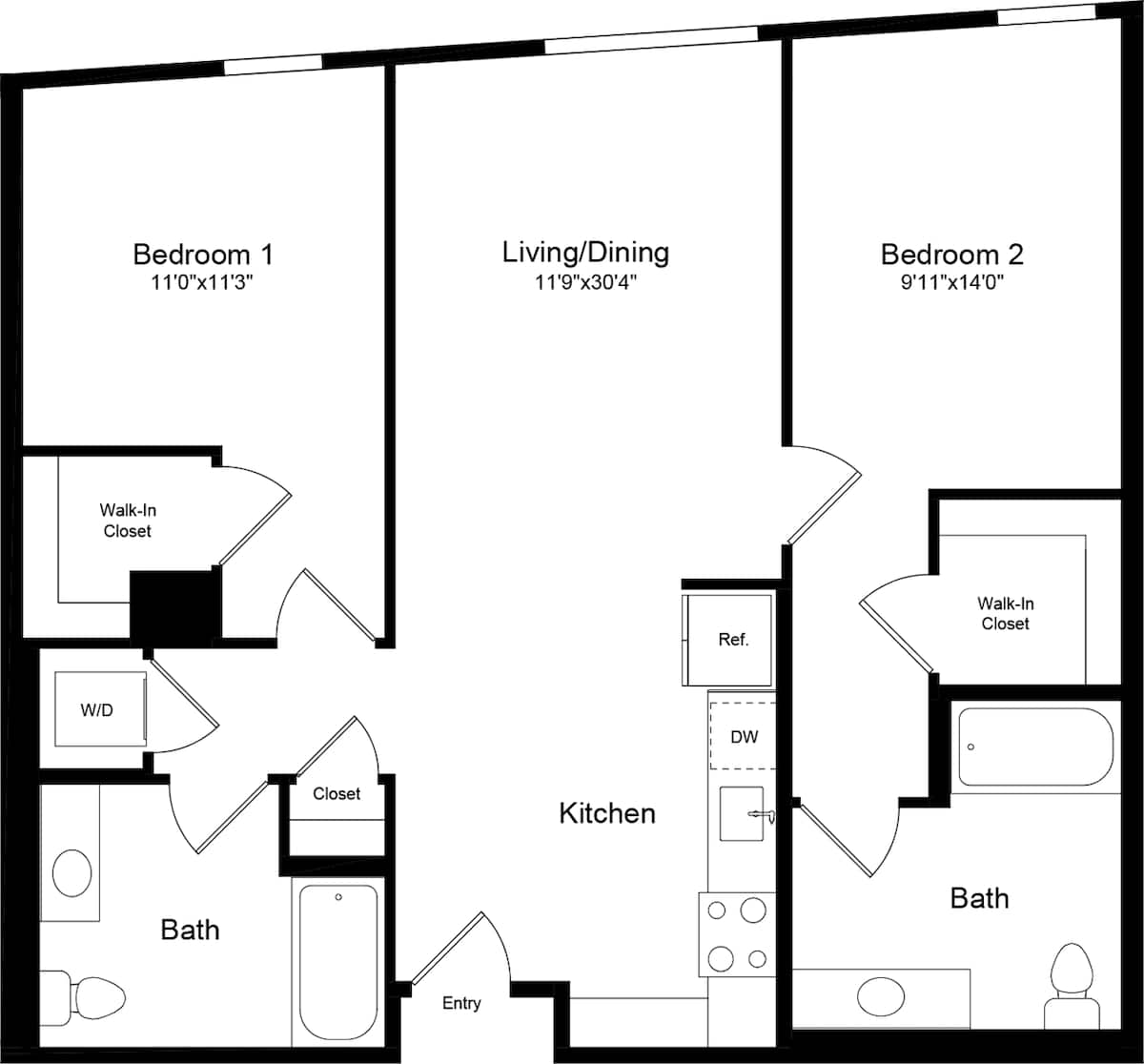 Floorplan diagram for 2A - Angled, showing 2 bedroom