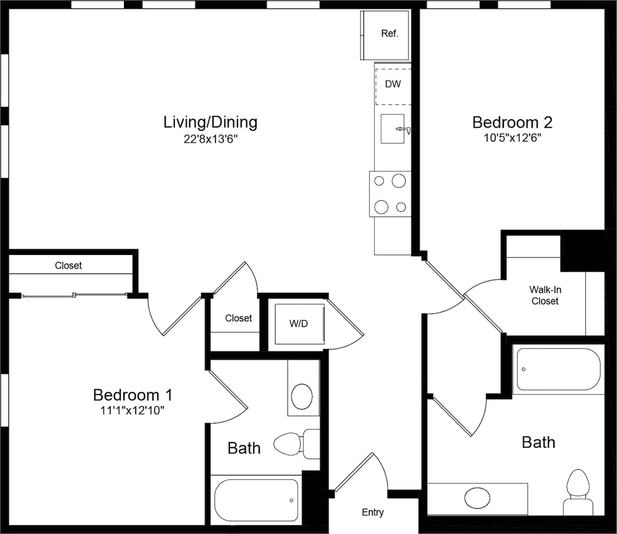 Floorplan diagram for 2B, showing 2 bedroom