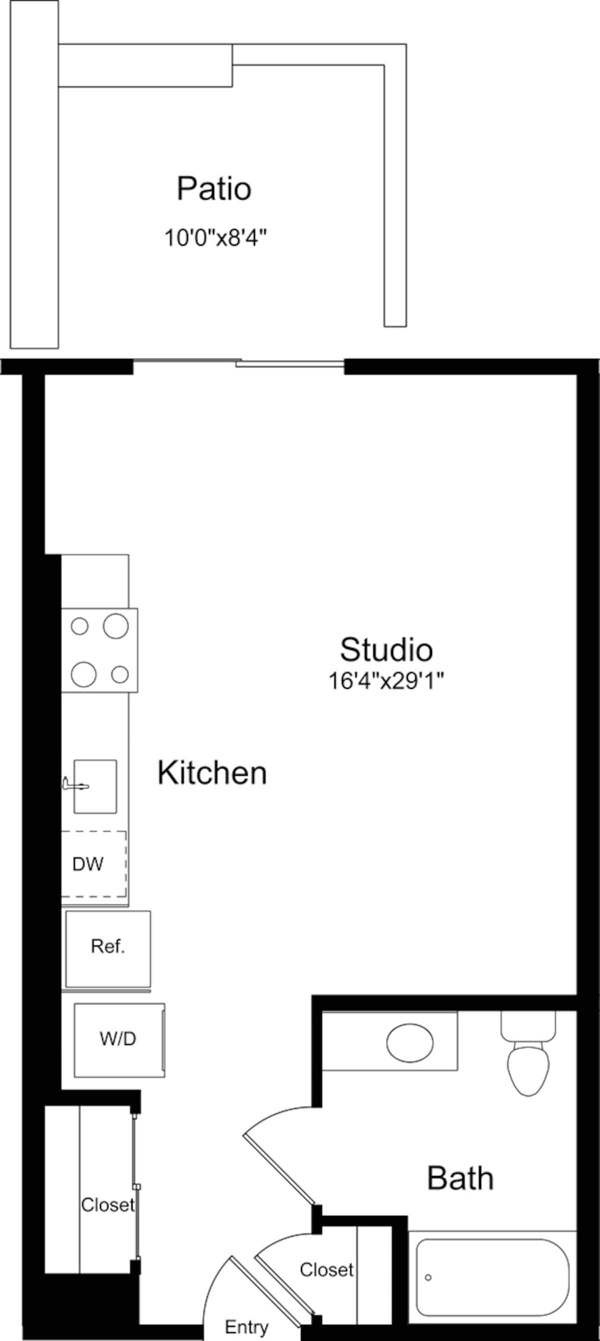Floorplan diagram for S2 with Patio, showing Studio