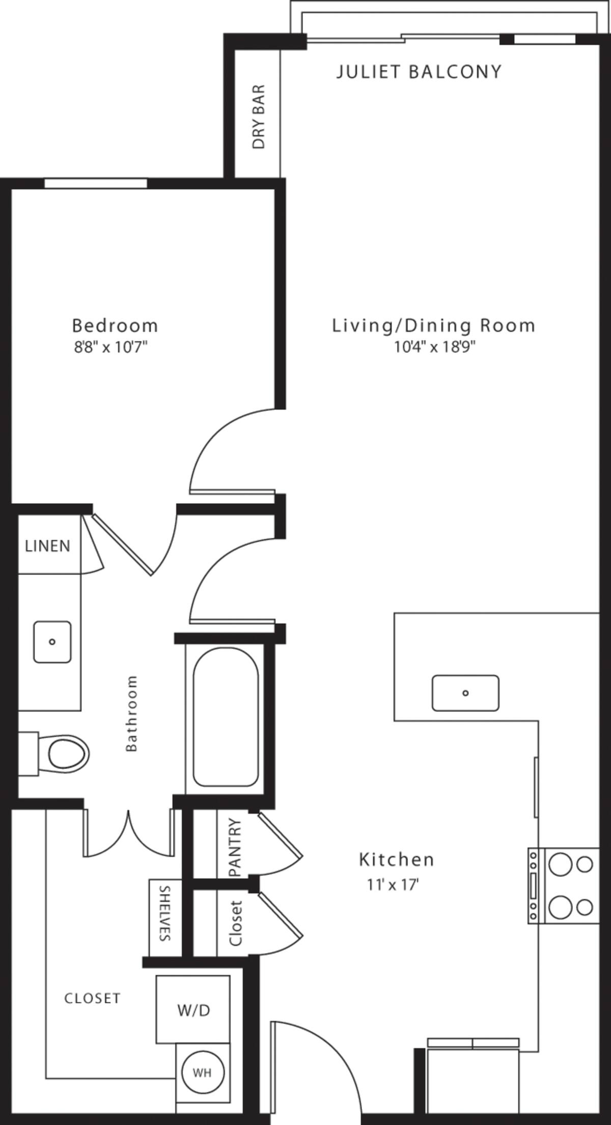 Floorplan diagram for A14, showing 1 bedroom