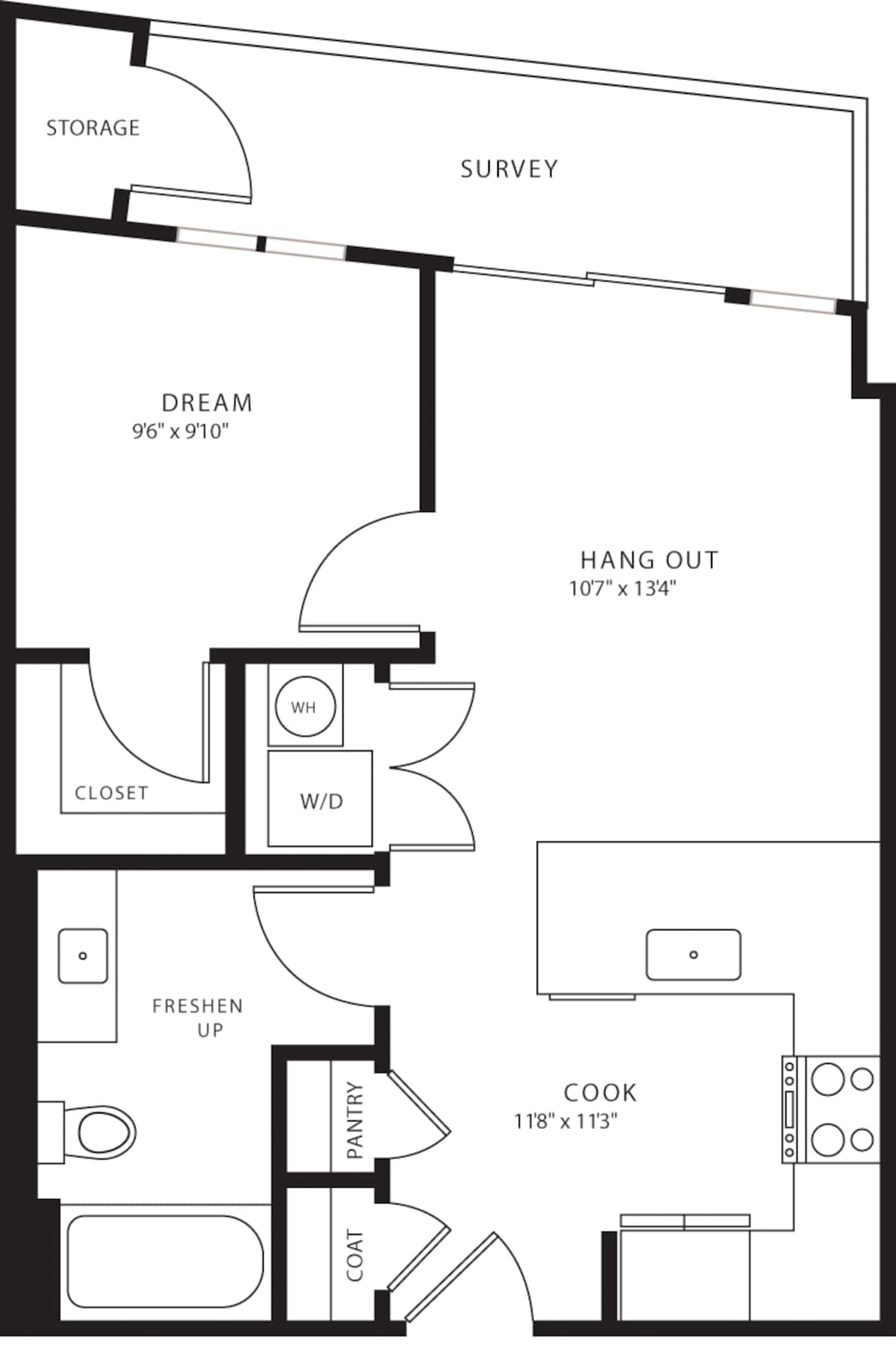Floorplan diagram for A2 no storage, showing 1 bedroom