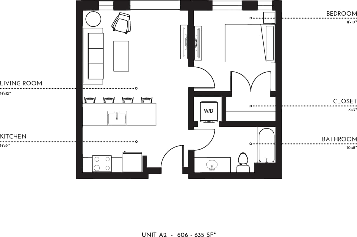 Floorplan diagram for A2 No Balcony, showing 1 bedroom