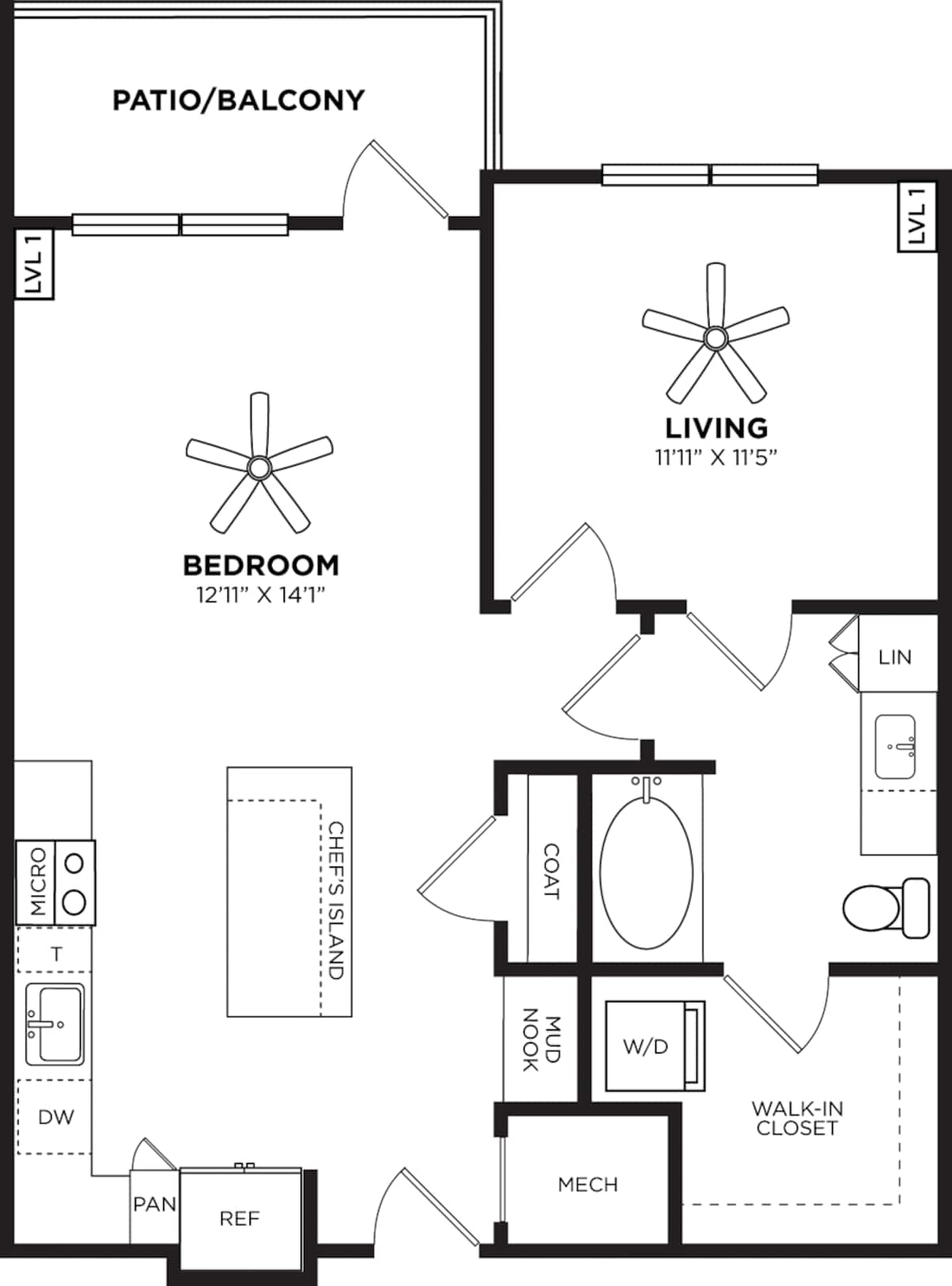 Floorplan diagram for 1A, showing 1 bedroom