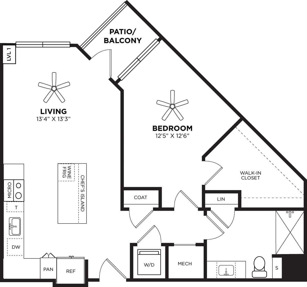 Floorplan diagram for 1B, showing 1 bedroom