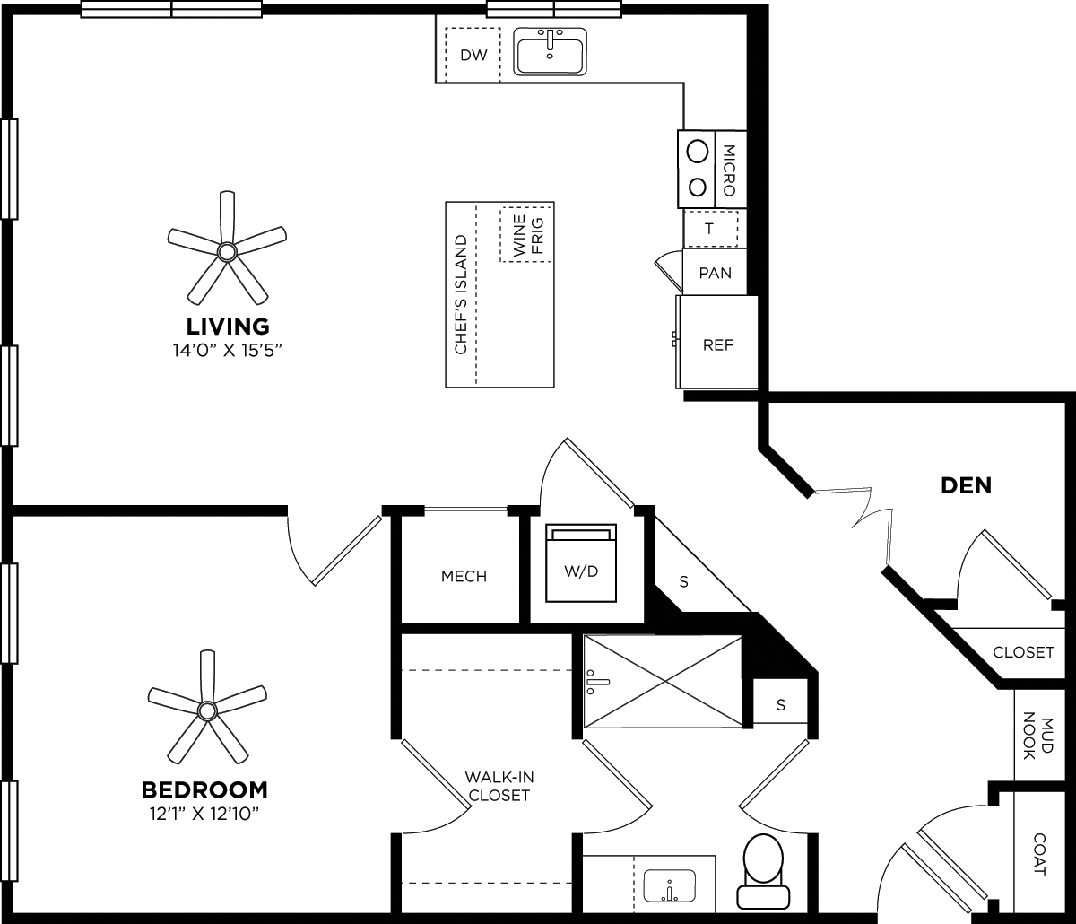 Floorplan diagram for 1E, showing 1 bedroom