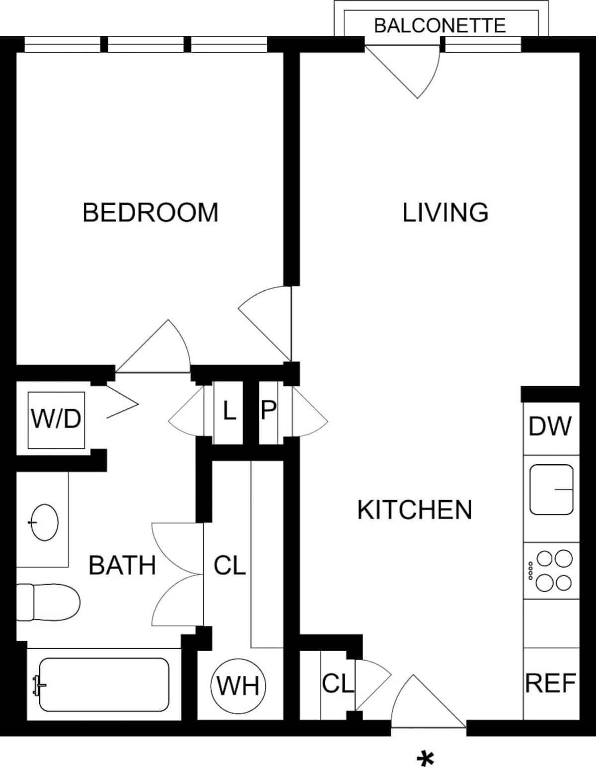 Floorplan diagram for A1A, showing 1 bedroom