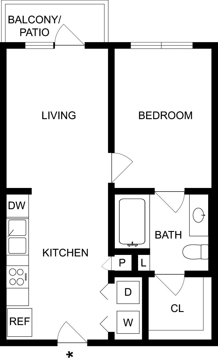 Diagram ng floorplan para sa A1B, na nagpapakita ng 1 kuwarto