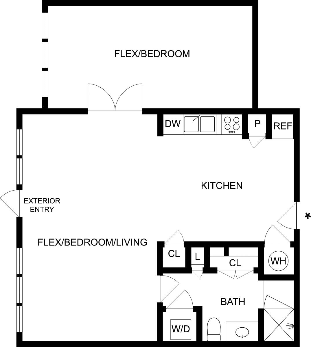 Floorplan diagram for A1W, showing 1 bedroom