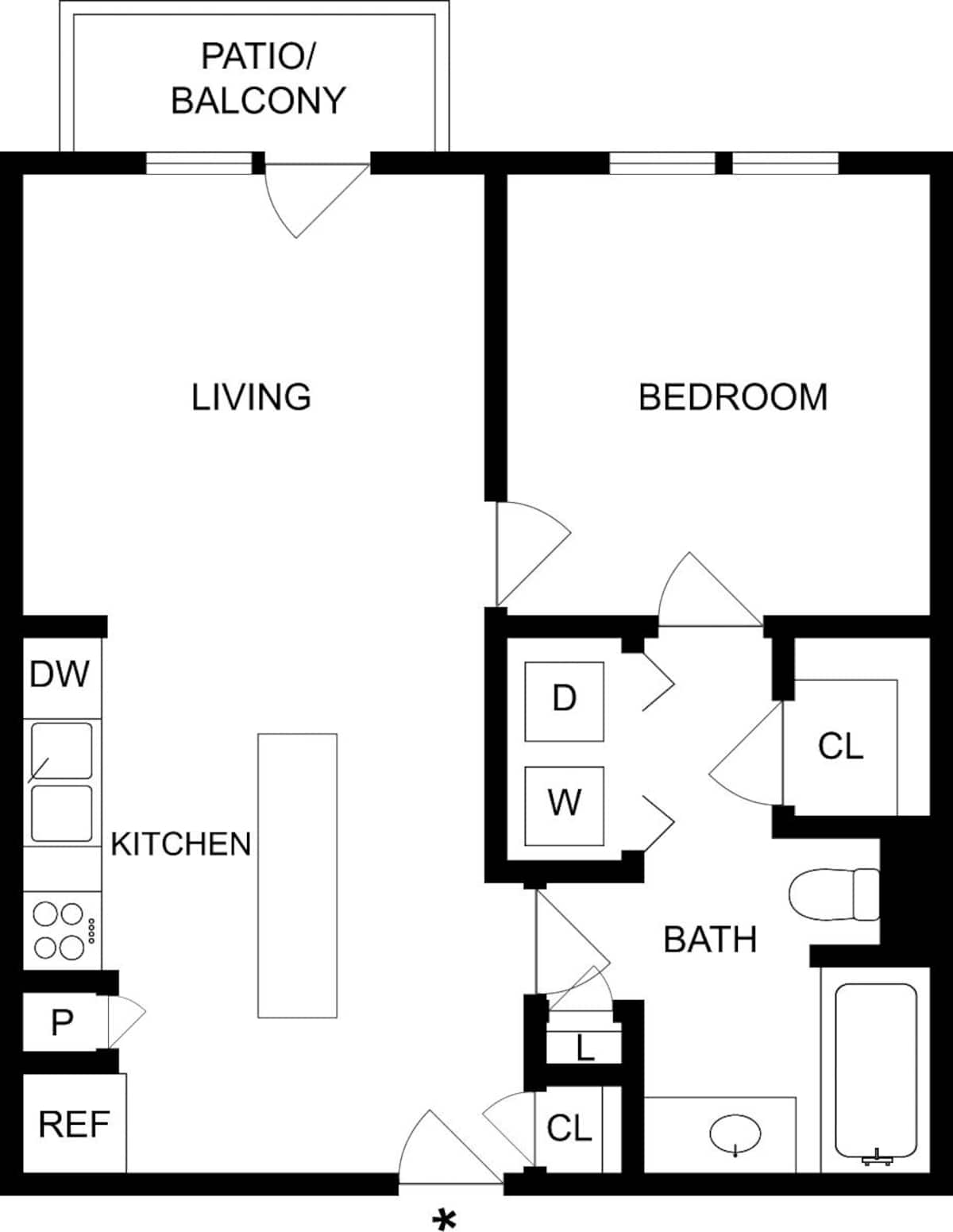 Floorplan diagram for A1E, showing 1 bedroom