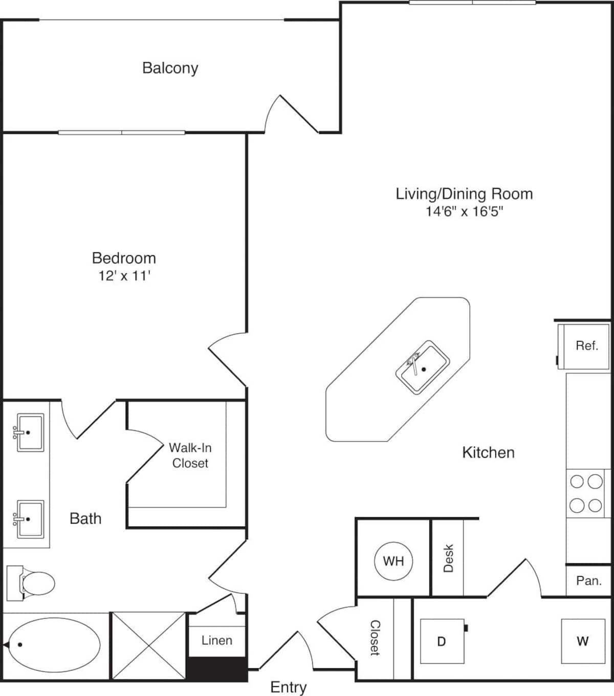 Floorplan diagram for The Hillcrest, showing 1 bedroom