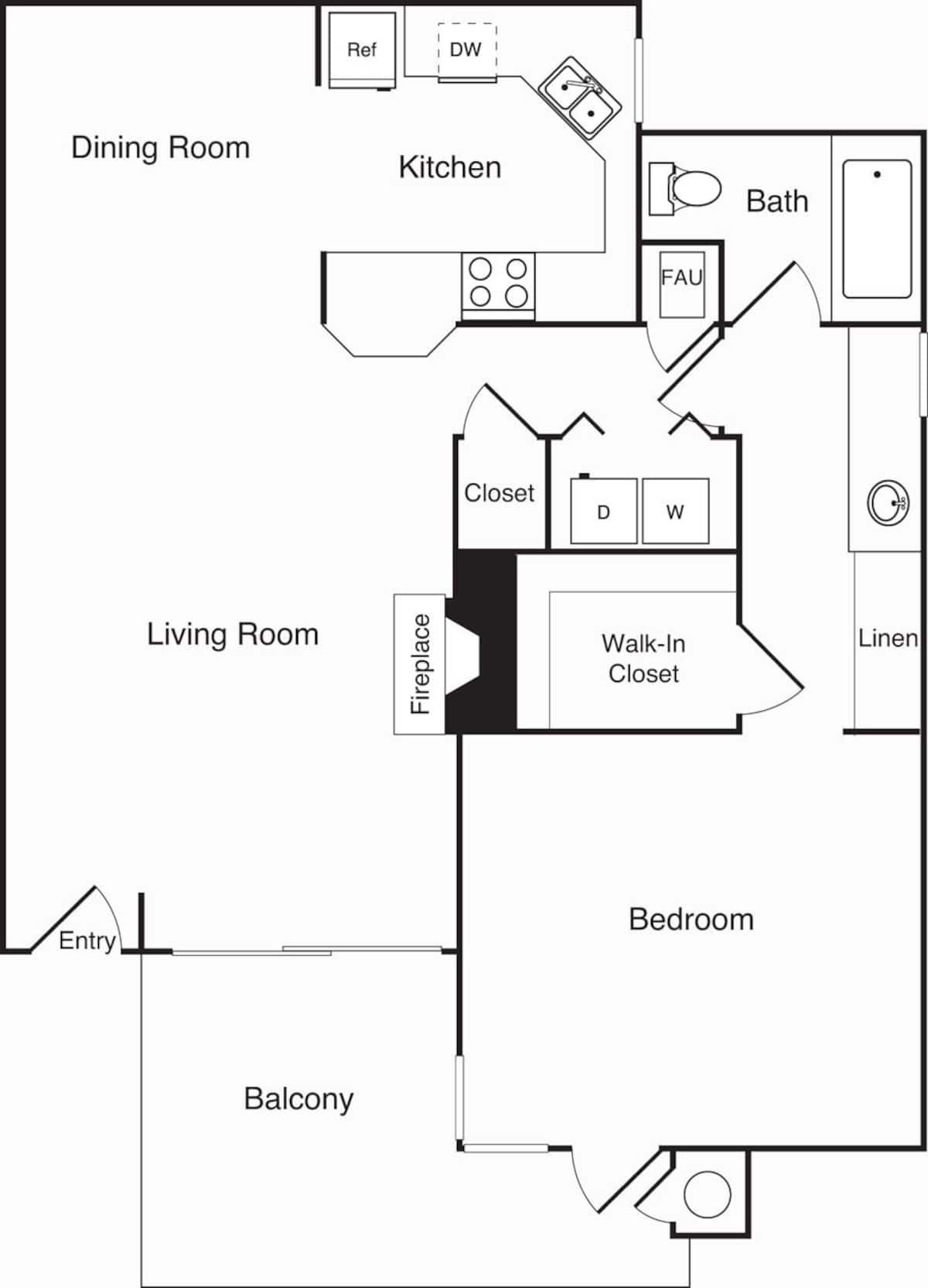 Floorplan diagram for Model 1B, showing 1 bedroom