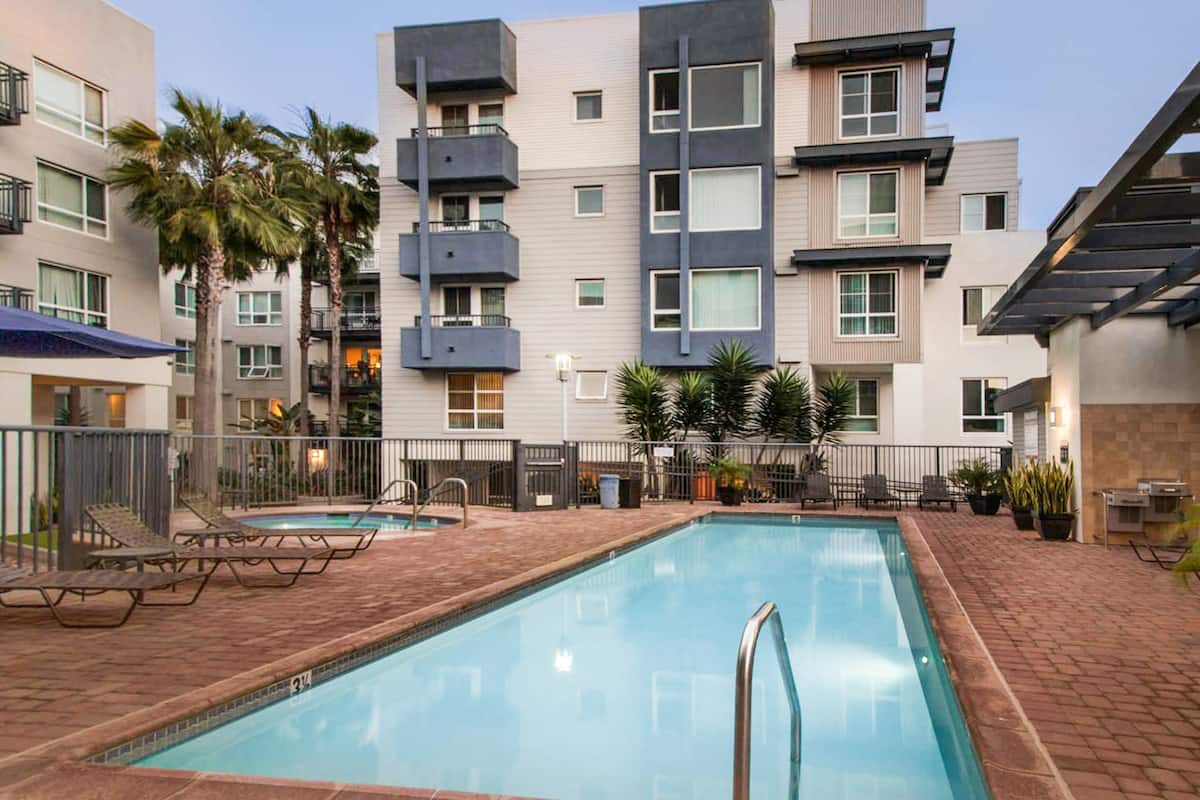 Exterior of Market Street Village, an Airbnb-friendly apartment in San Diego, CA