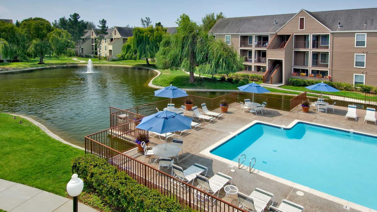 Exterior of Riva Terra Apartments at Redwood Shores, an Airbnb-friendly apartment in Redwood City, CA