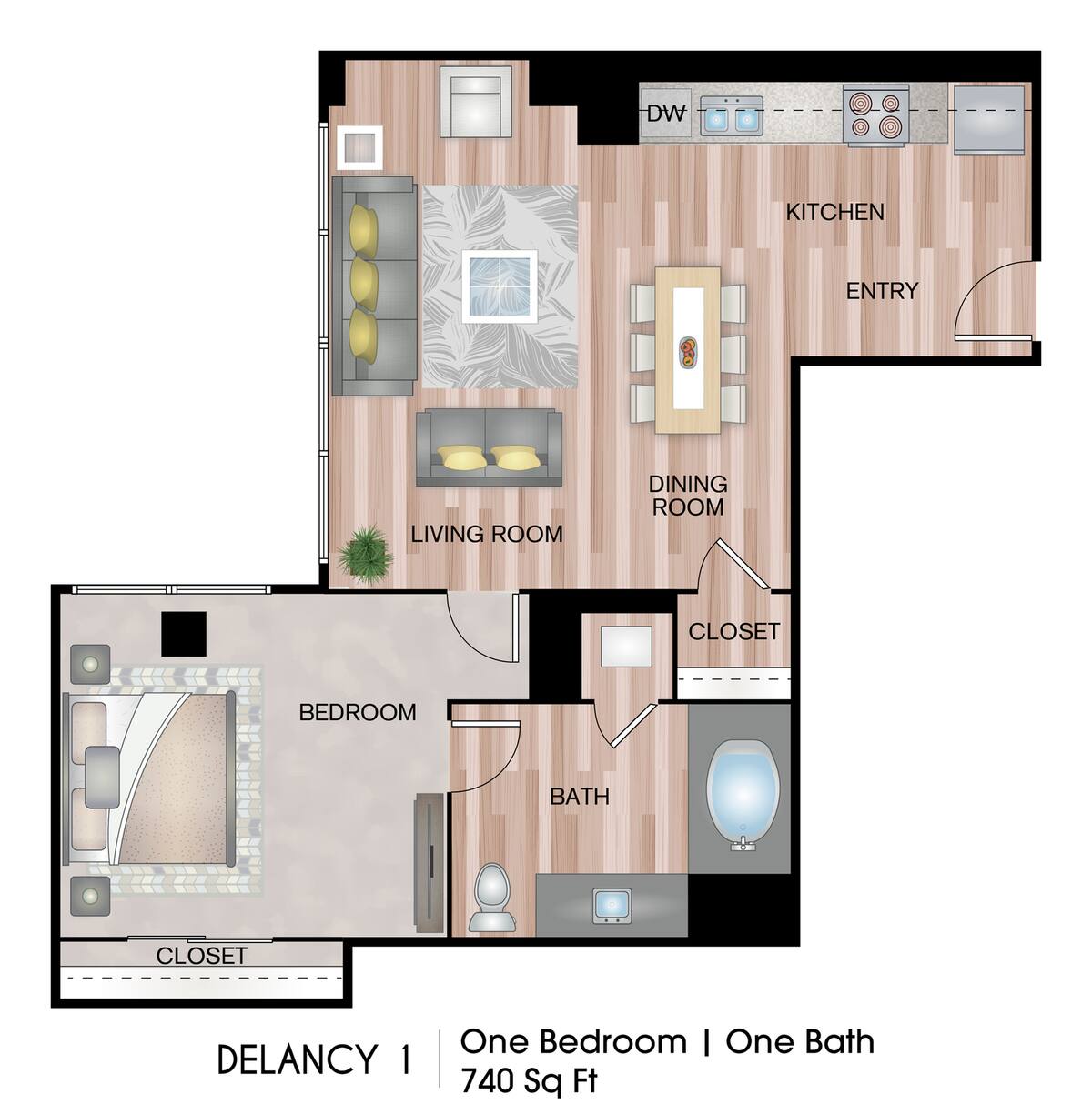 Floorplan diagram for Delancy 1, showing 1 bedroom