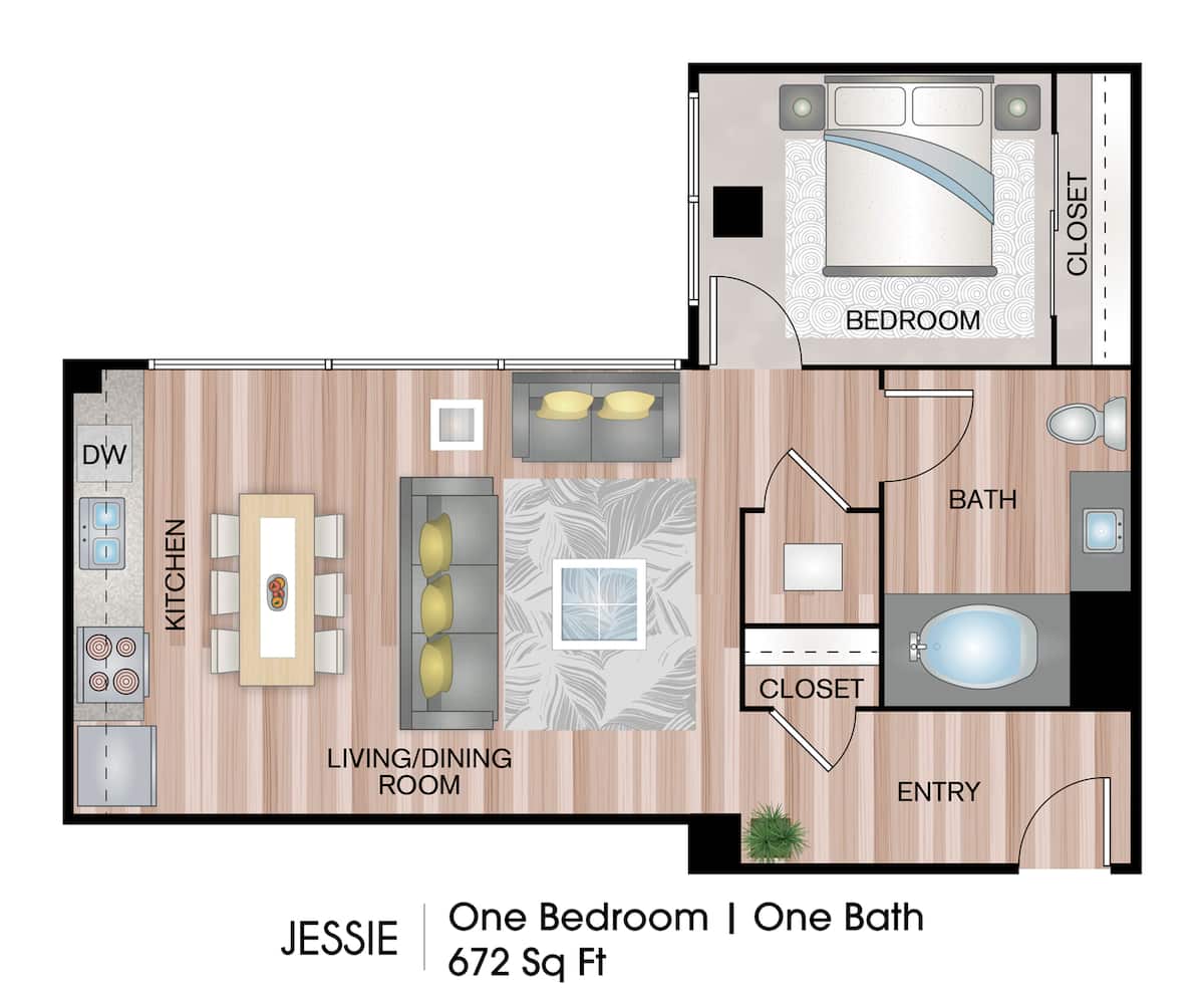 Floorplan diagram for Jessie, showing 1 bedroom