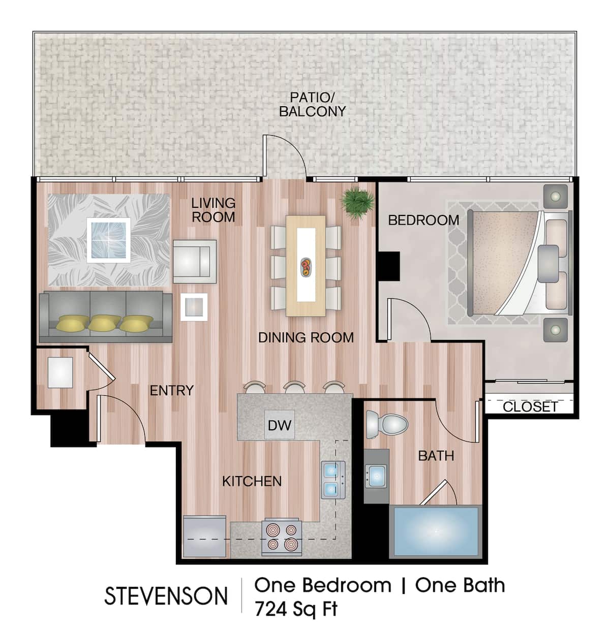 Floorplan diagram for Stevenson, showing 1 bedroom