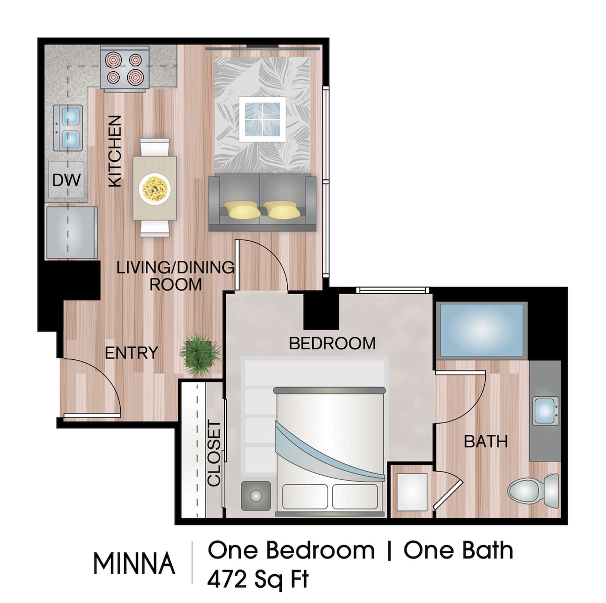Floorplan diagram for Minna, showing 1 bedroom