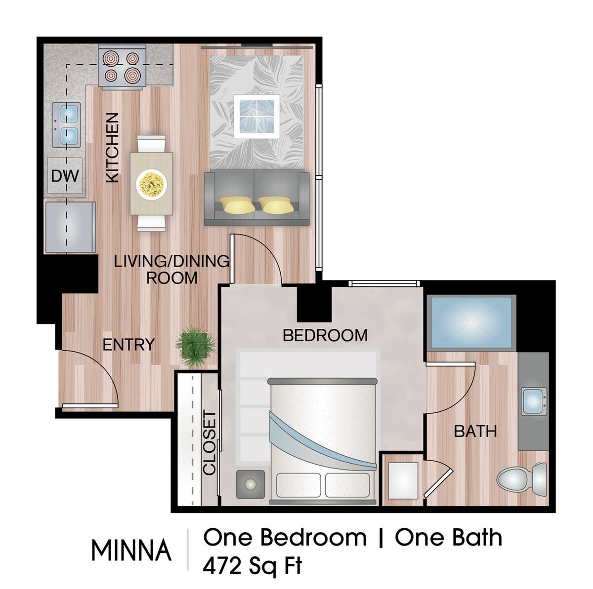 Floorplan diagram for Minna, showing 1 bedroom