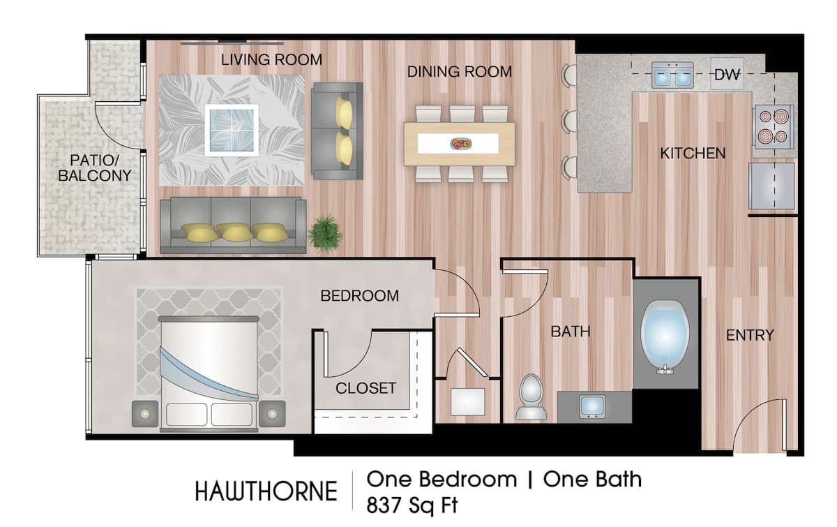Floorplan diagram for Hawthorne, showing 1 bedroom