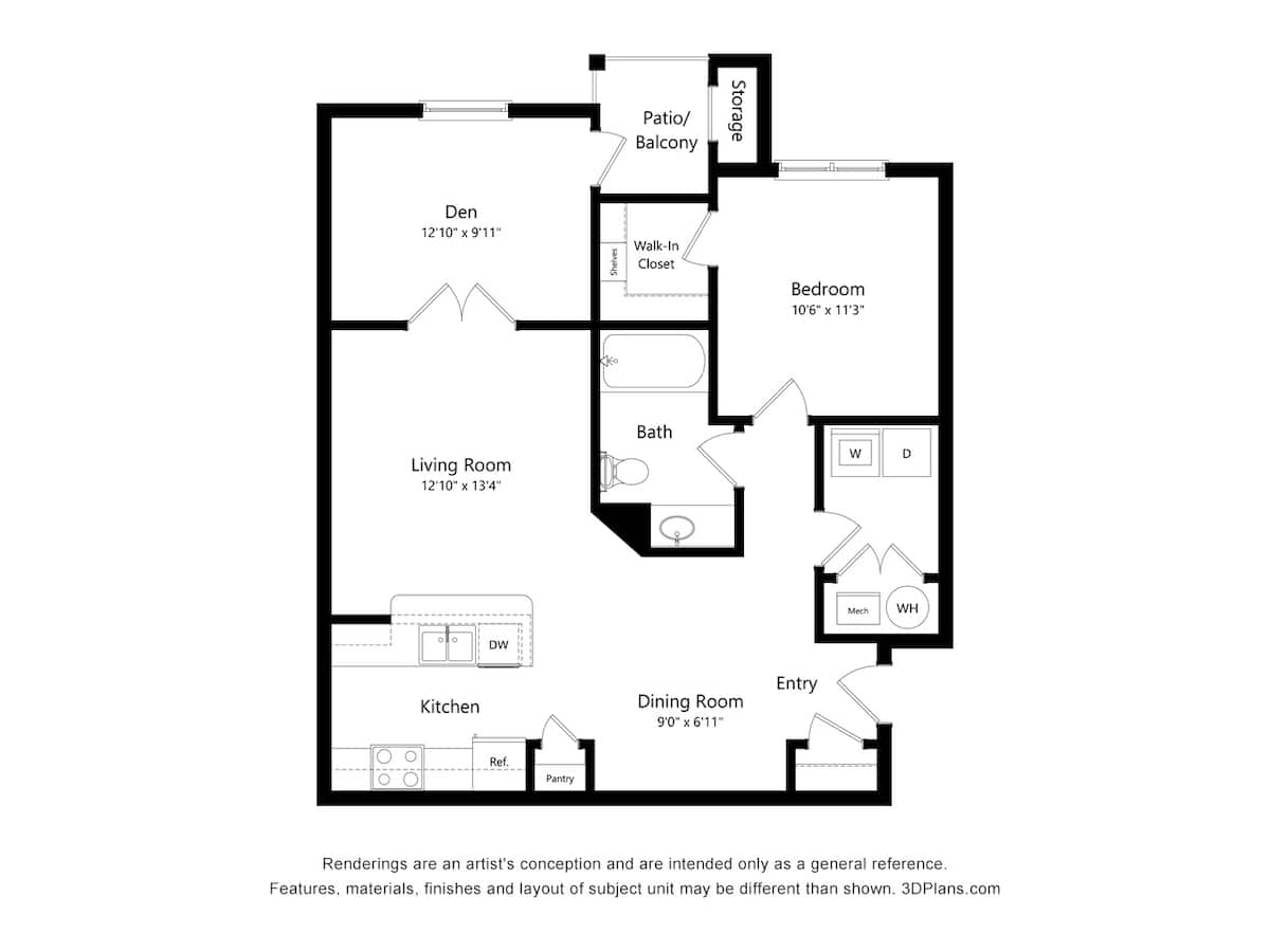 Floorplan diagram for The Mimosa, showing 1 bedroom