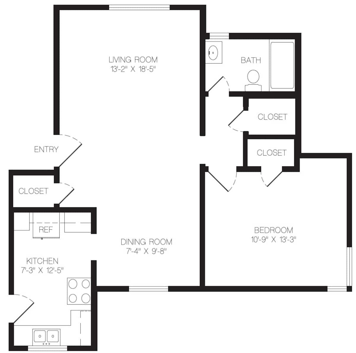 Floorplan diagram for The Mariposa Renovated (Garden), showing 1 bedroom