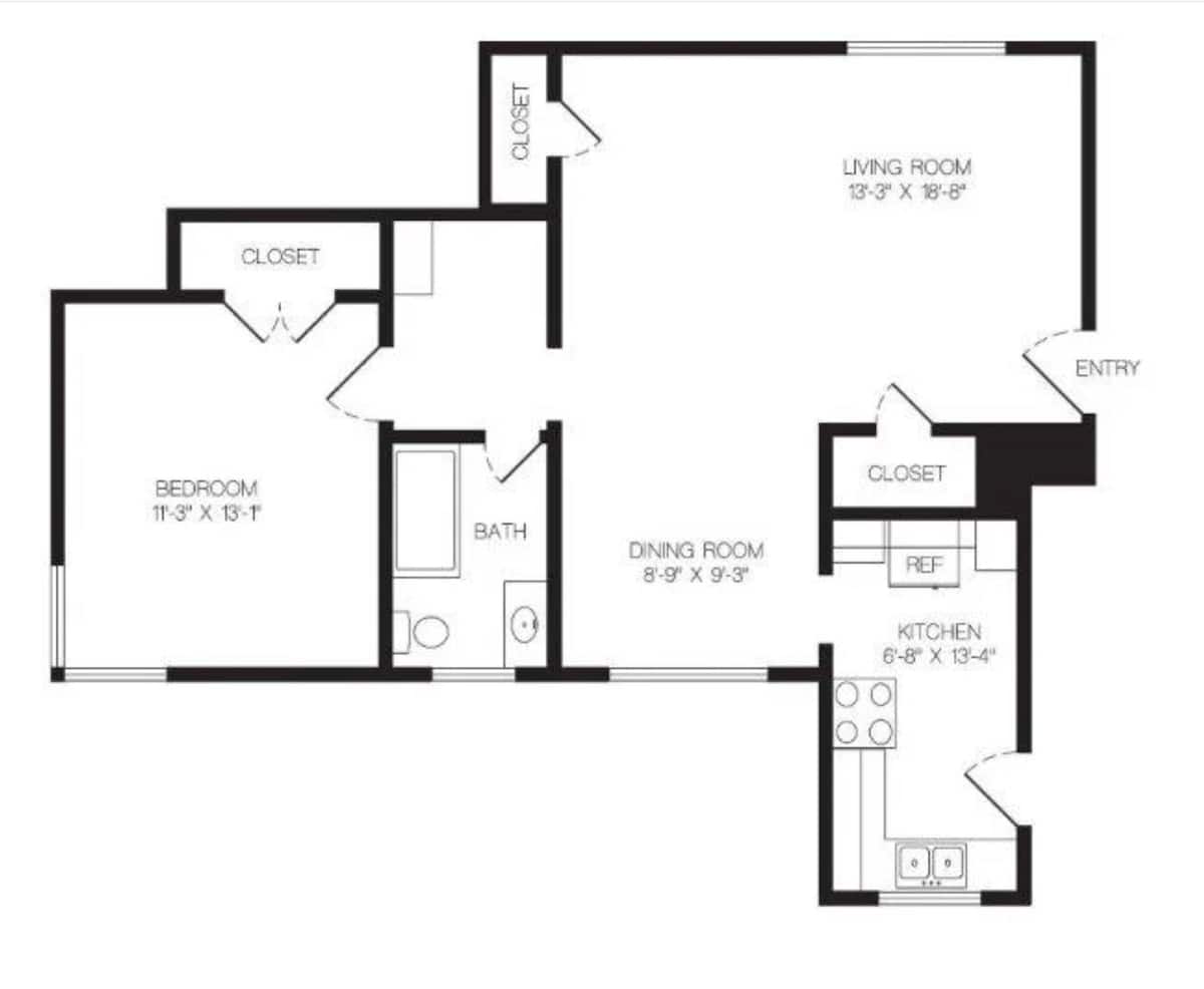 Floorplan diagram for The Rock Rose Renovated (Garden), showing 1 bedroom