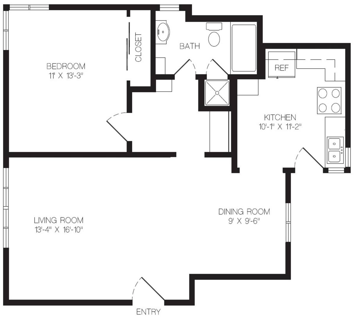 Floorplan diagram for The Begonia Renovated (Garden), showing 1 bedroom