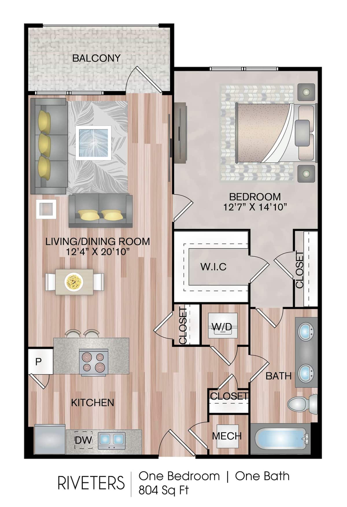 Floorplan diagram for Riveters, showing 1 bedroom