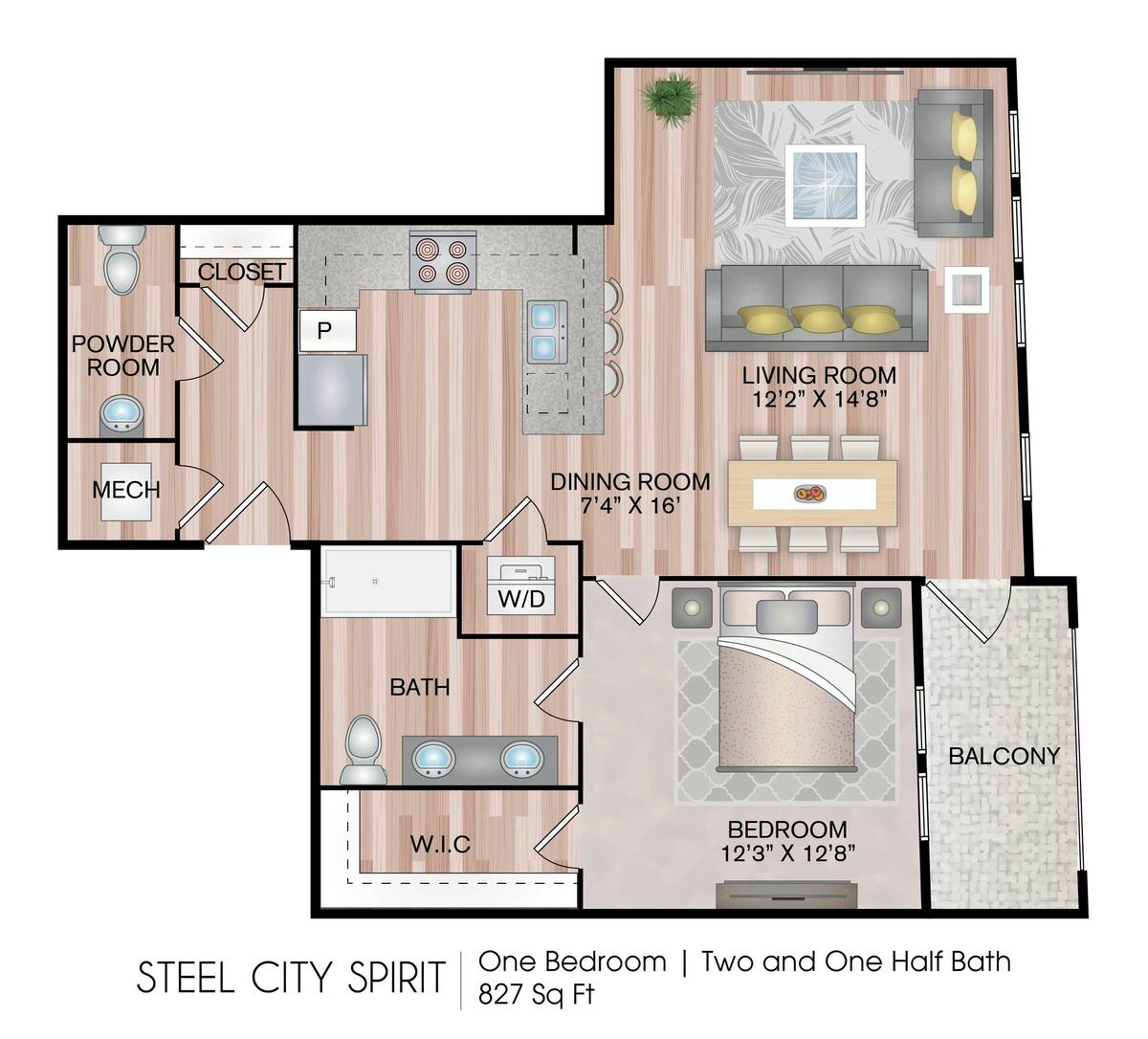 Floorplan diagram for Steel City Spirit, showing 1 bedroom