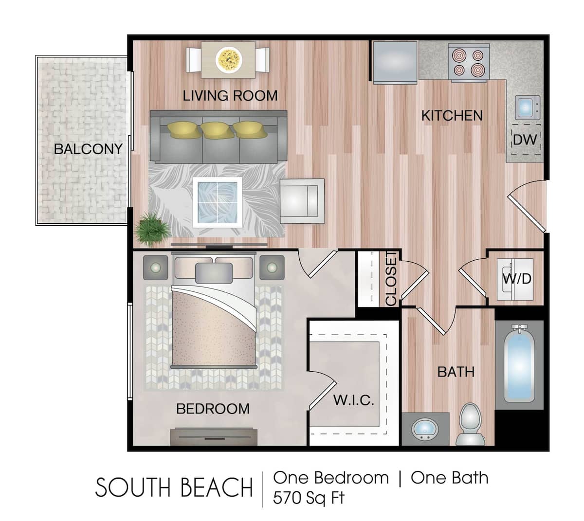 Floorplan diagram for South Beach, showing 1 bedroom