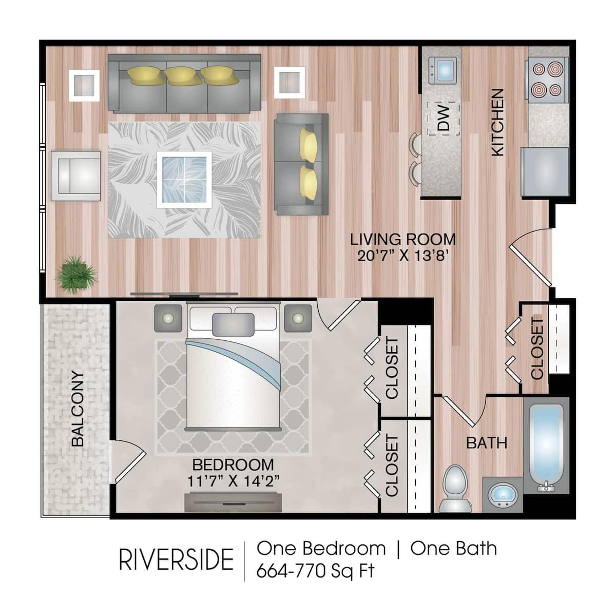 Floorplan diagram for Riverside, showing 1 bedroom