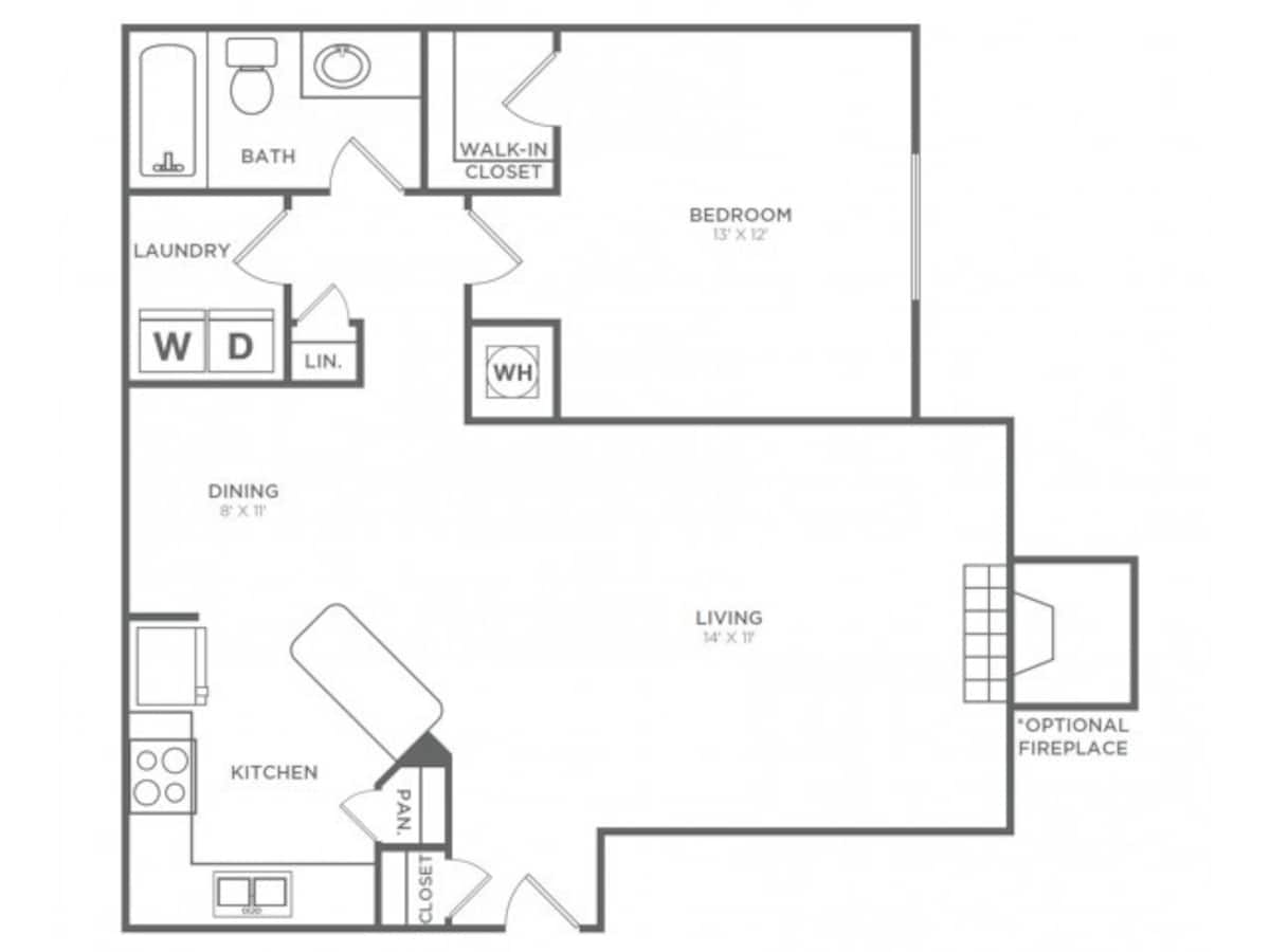 Floorplan diagram for One Bedroom, One Bath (840 SF), showing 1 bedroom