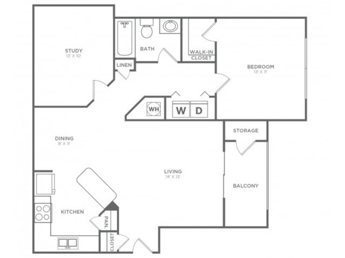 Floorplan diagram for One Bedroom, One Bath w/ Den (900 SF), showing 1 bedroom