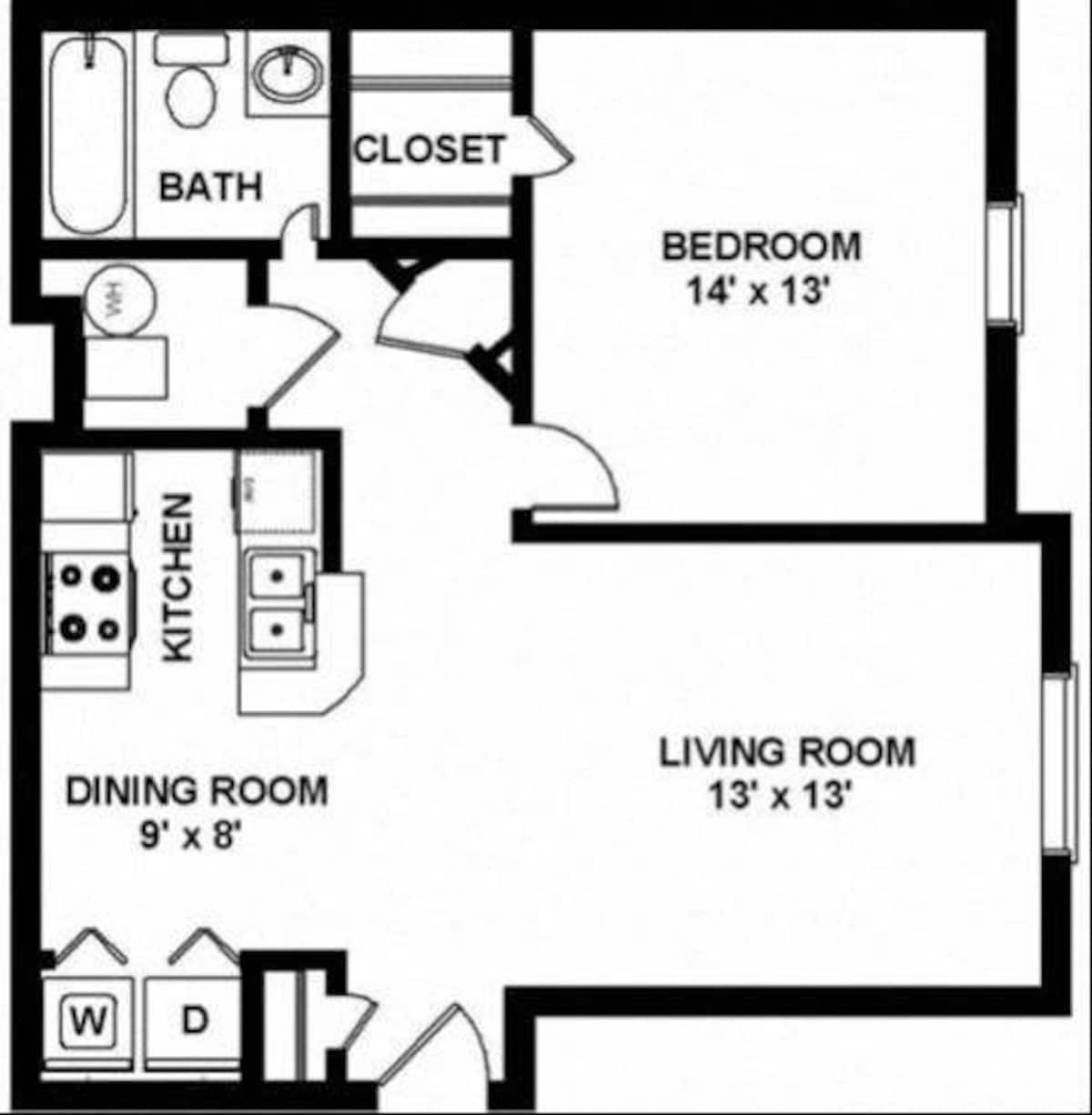 Floorplan diagram for One Bedroom, showing 1 bedroom