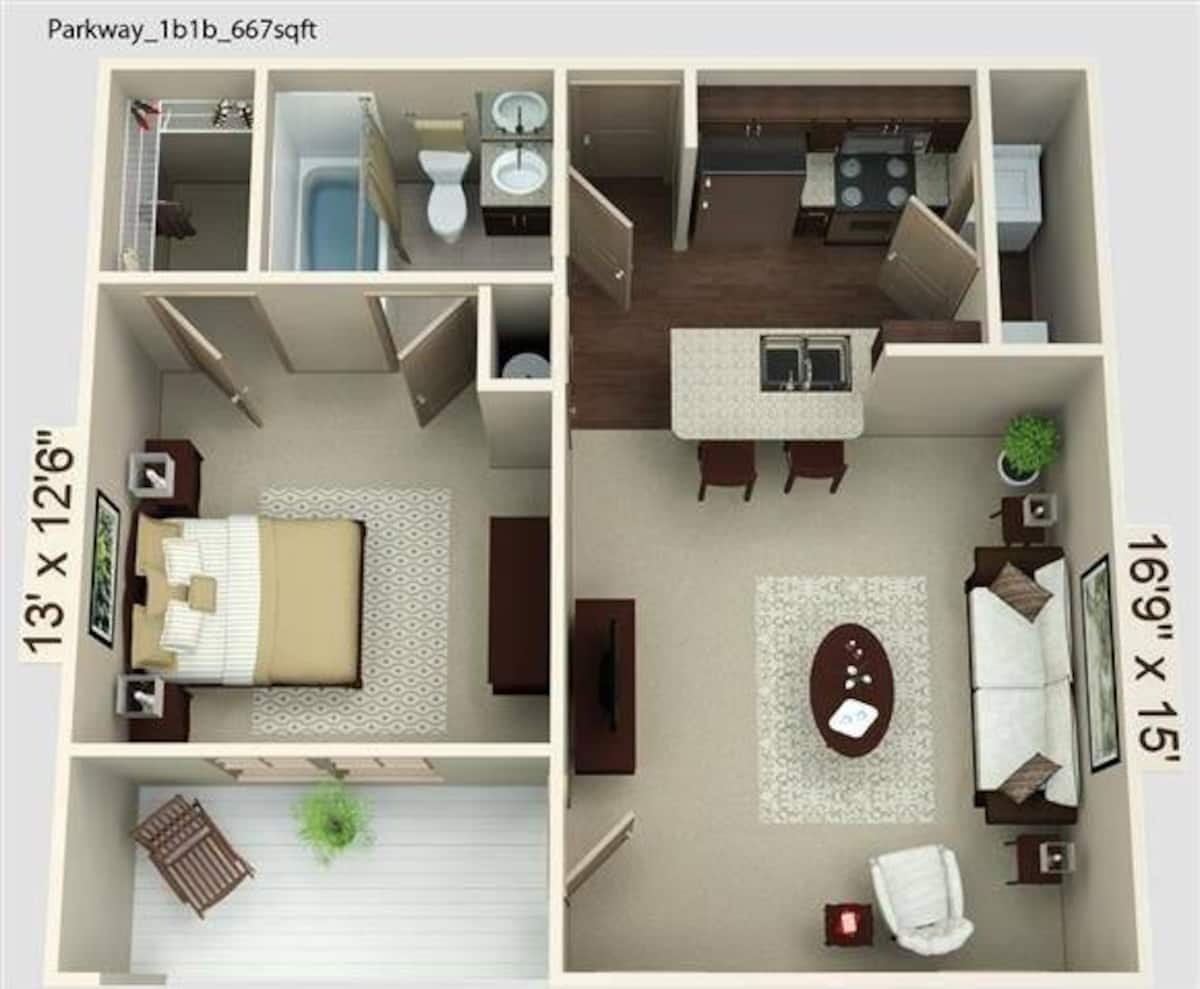 Floorplan diagram for Parkway 2, showing 1 bedroom