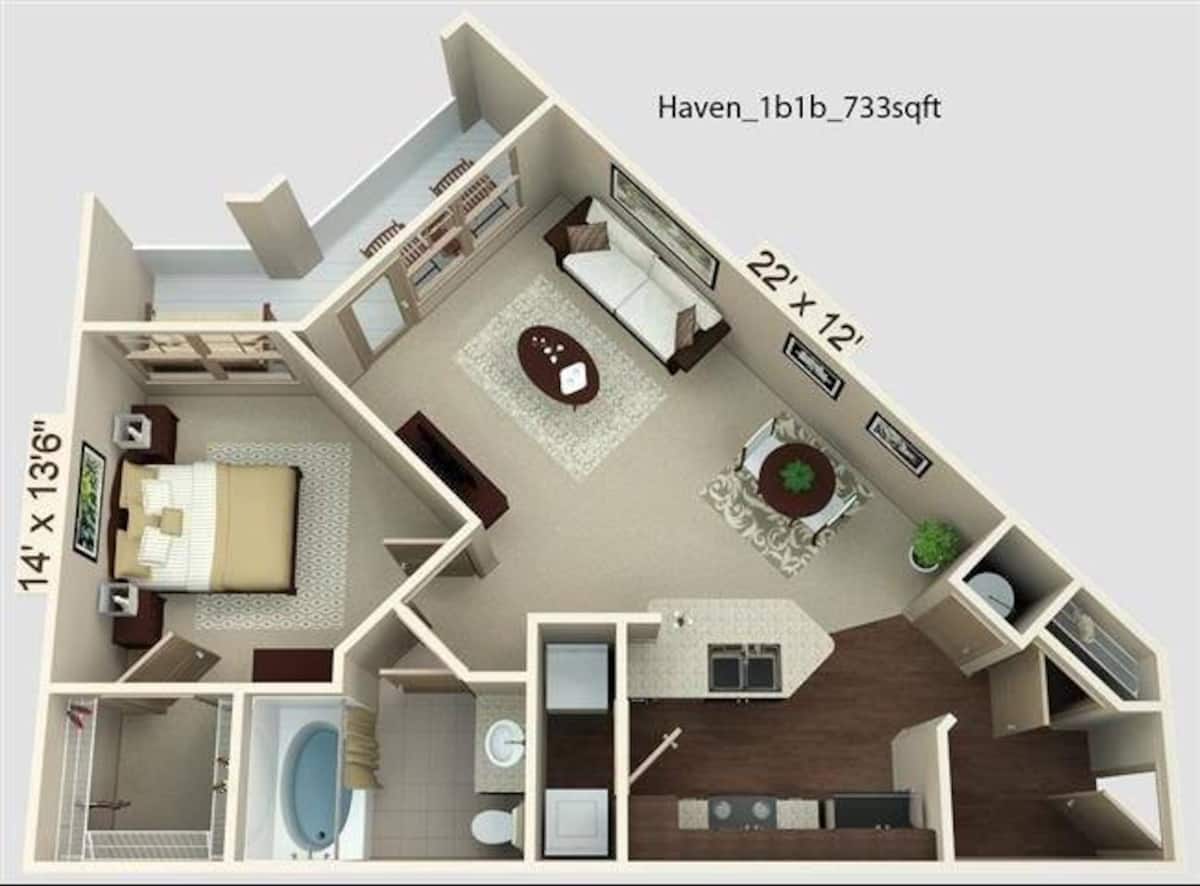 Floorplan diagram for Haven, showing 1 bedroom