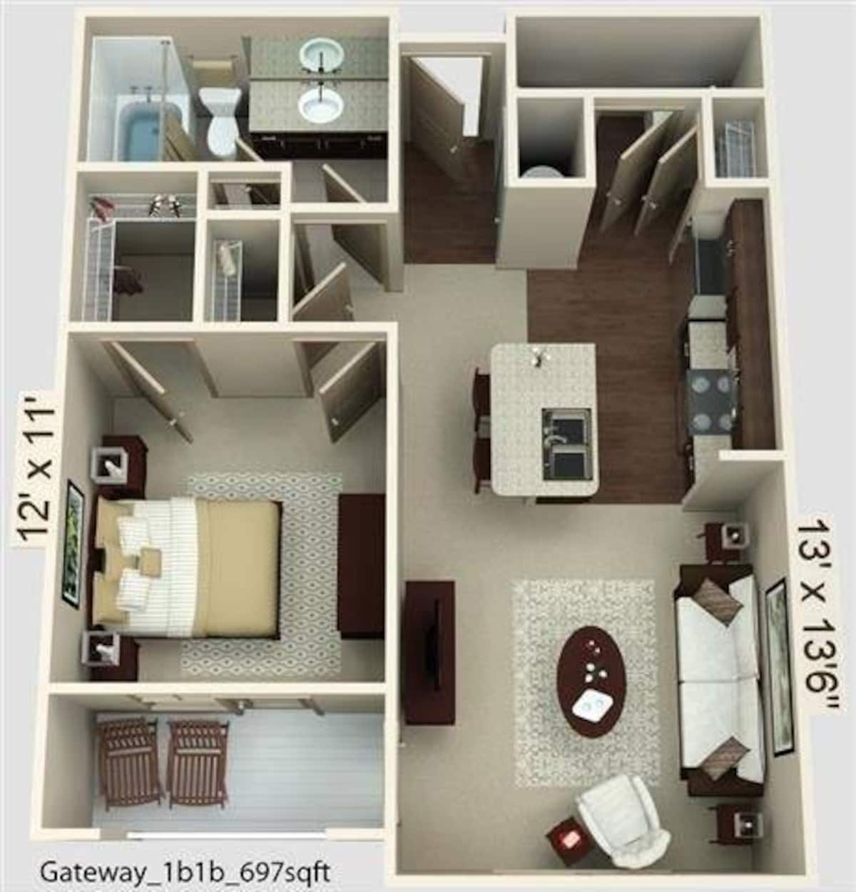 Floorplan diagram for Gateway, showing 1 bedroom